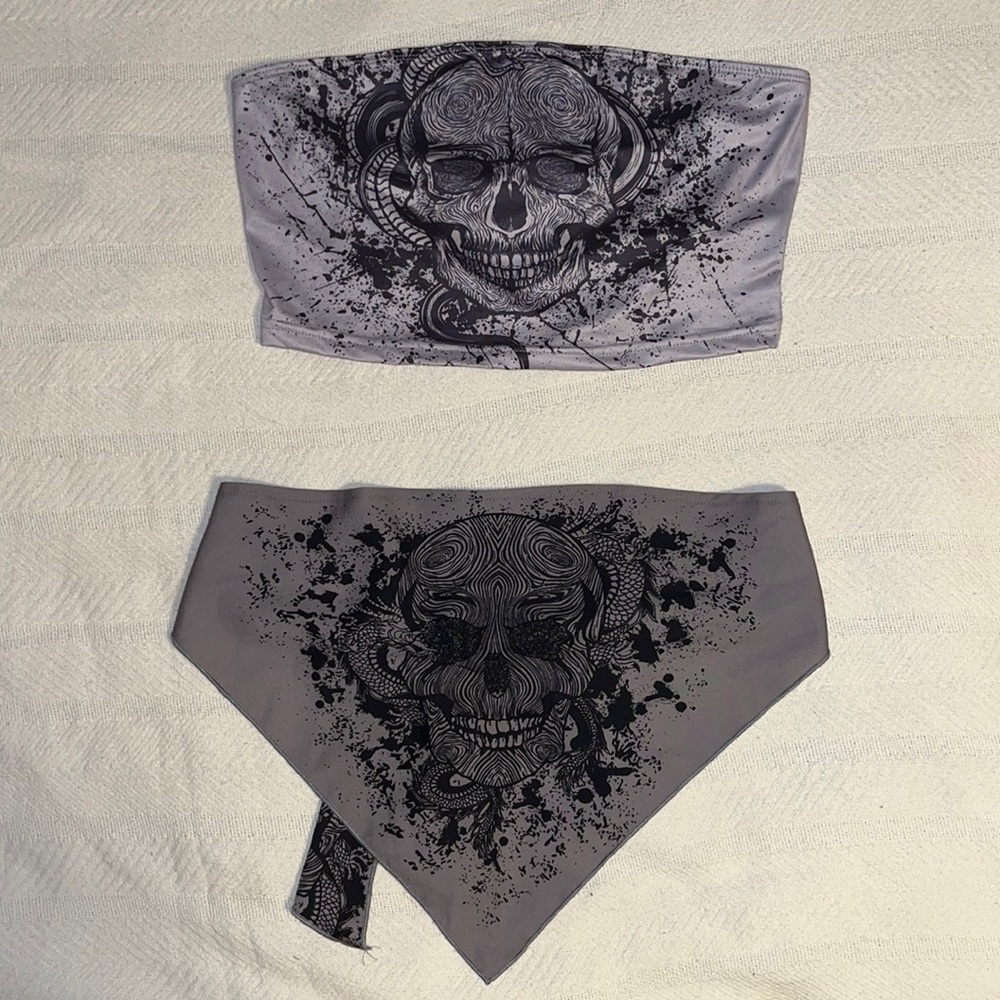 SHEIN Skull Tops- One Bandeau, One Wrap Strapless Crop Top